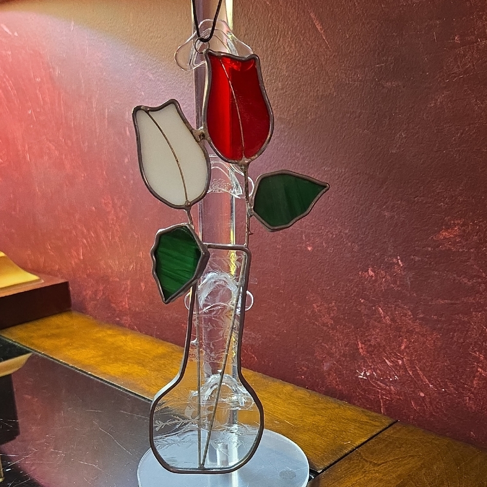 Vtg 1990s Tiffany Stained Glass Collectors Society Suncatcher Rose Bud Flowers